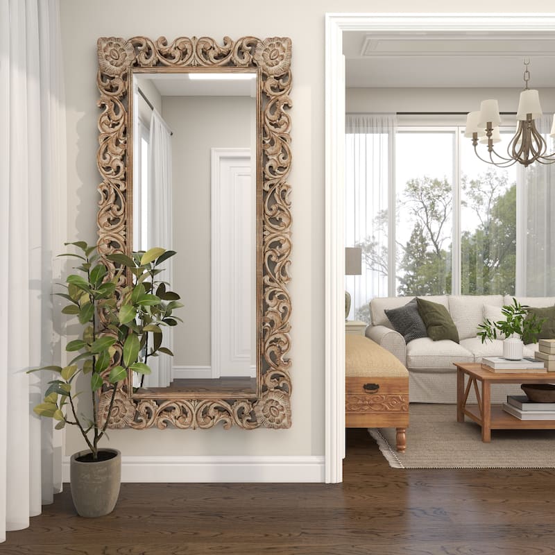 Light Brown Mango Wood Intricately Carved Floral Room Wall Mirror