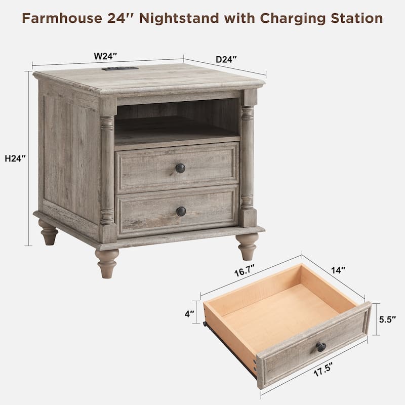 Farmhouse End Table, Sofa Side Table with Charging Station, Nightstand