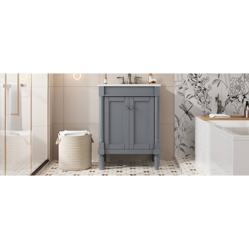 GDFStudio - Halston 2-Tier Modern Bathroom Storage Cabinet with Ceramic Sink and Large Storage Shelves - 24'W