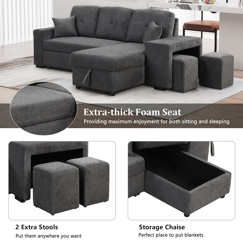 95" Reversible Sleeper Sofa Pull-Out Sofa Bed with Side Shelf and 2 Stools, Storage Chaise Left/Right Hande for Living Room