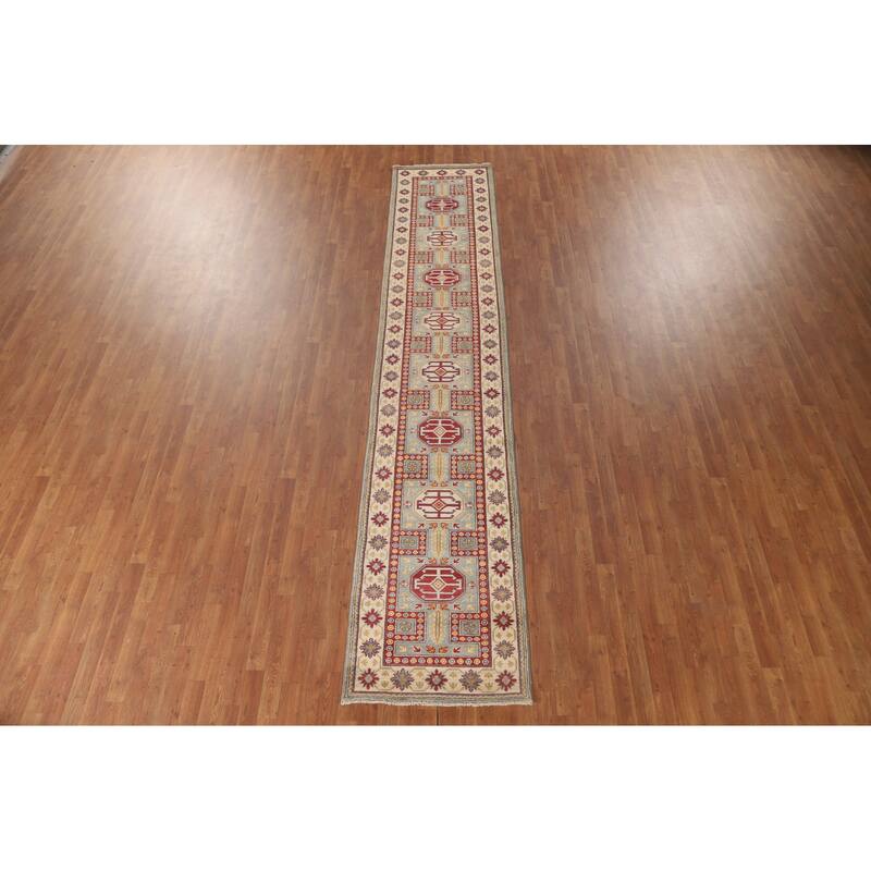 Geometric Kazak Runner Rug Hand-Knotted Wool Carpet - 2'8" x 13'6"
