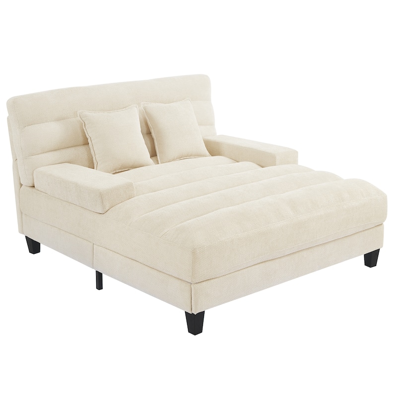 Modern Chaise Lounge Sofa 57.1" Sofa Bed Chenille Upholstered Lounge Sofa Chair with Adjustable Backrest and LED Light Strip