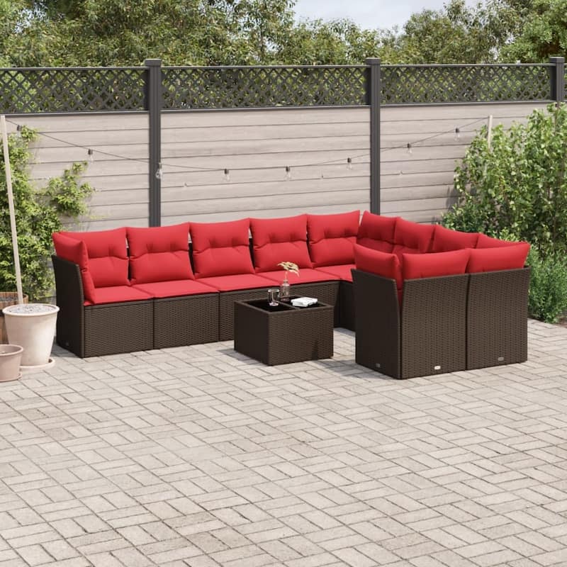 vidaXL 9/10 Piece Patio Sofa Set with Cushions Black/Brown/Gray Poly Rattan - 21.7 x 24.4 x 27.2