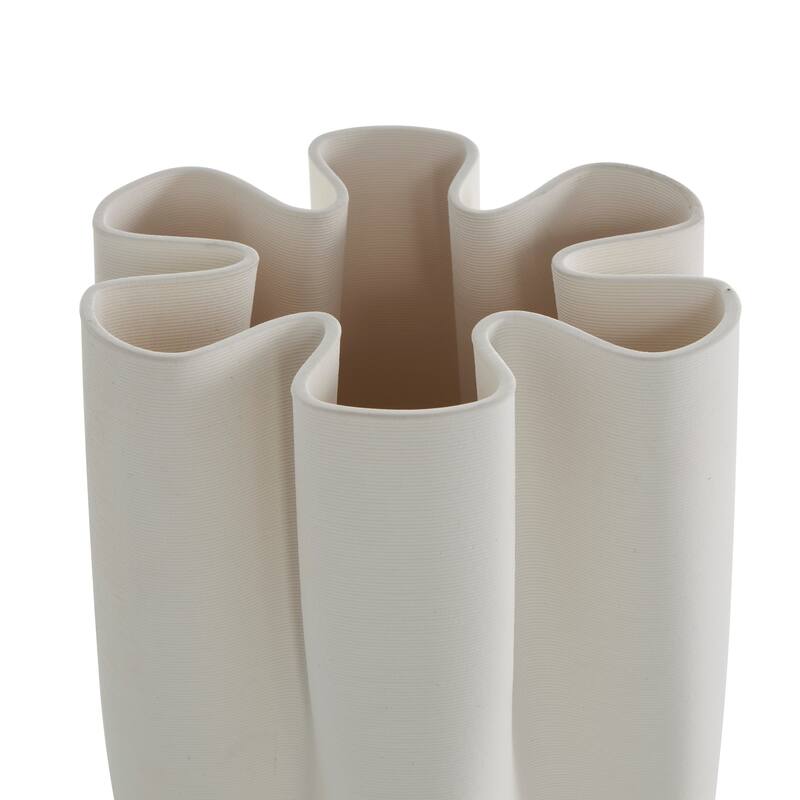 White Ceramic Ribbed Dimensional Folded Abstract Decorative Vase with Floral Shaped Rim