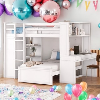 Full size Loft Bed With Twin Size Stand-alone Bed,Shelves,Desk And Wardrobe