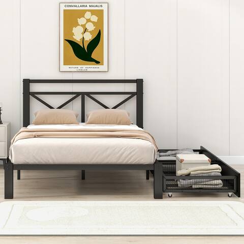 Ergonomically Metal Platform Bed with 2 Drawers & Headboard