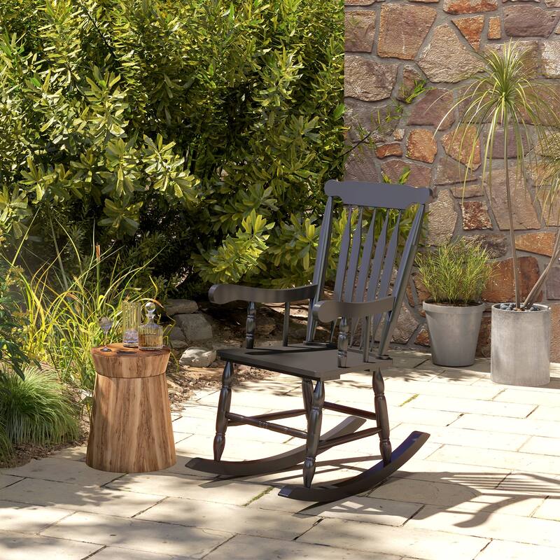 Outsunny Outdoor Wood Rocking Chair, 350 lbs. Porch Rocker with High Back for Garden, Patio, Balcony - Black