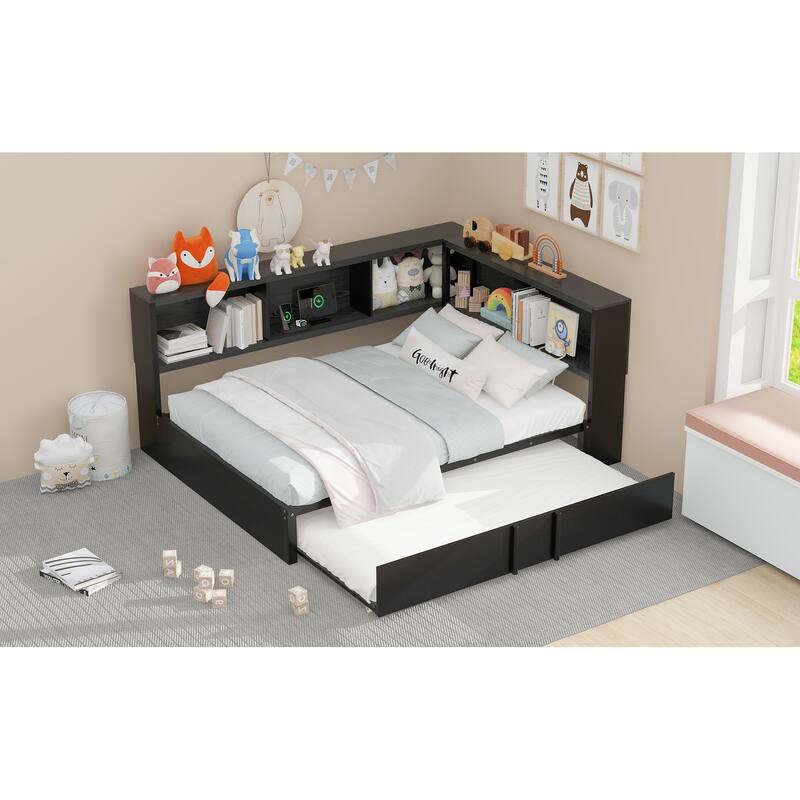 Full Size Metal Daybed with Trundle, Storage Cabinets, and USB Ports in Black