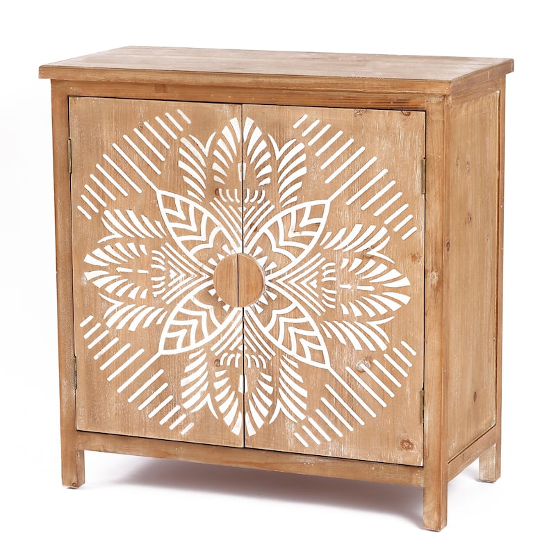 Natural Wood and White Floral 2-Door Storage Cabinet - 32.48" H x 31.5" W x 14.96" D