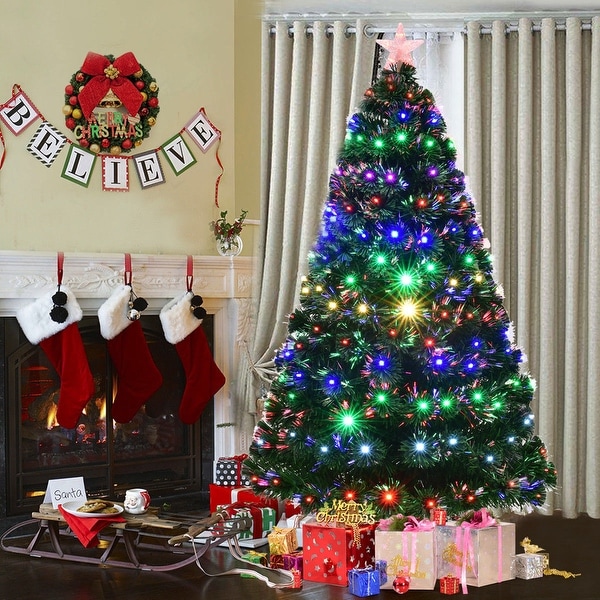 Costway 7' Pre-Lit Fiber Optic Artificial Christmas Tree w/Multicolor