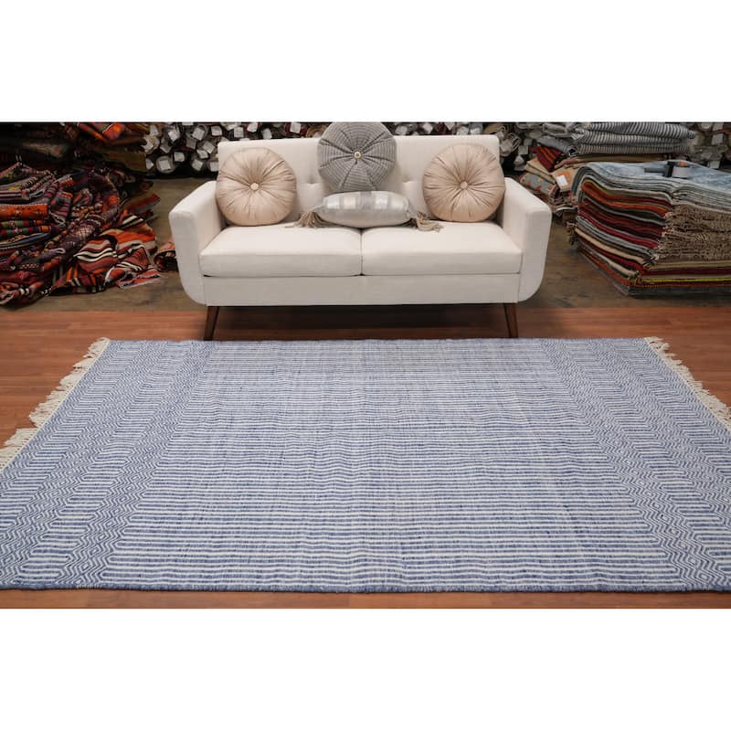 Hand Woven Oriental 100% Wool Carpet Traditional Geometric Navy Blue & Blues Durrie-Kilim Area Rug - 8' 1'' X 5' 0''
