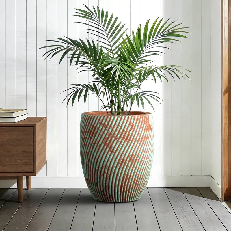 Concrete Tall Round Planter with Teal Stripes with Drainage Holes