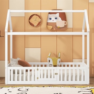 Twin Size Wood House Bed with Fence and Door