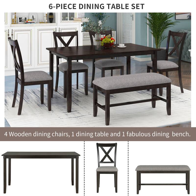 Traditional 6-Piece Wooden Dining Table Set with 4 Upholstered Chairs and Bench