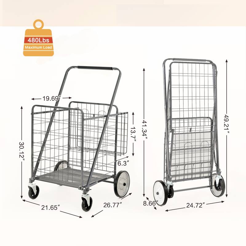Foldable Bigger Super Jumbo Shopping Cart with Brake and 360 Rolling Swivel Wheels