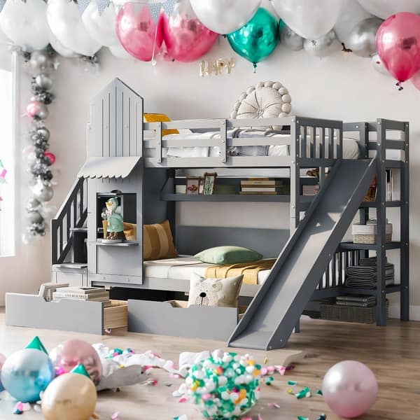 slide 2 of 19, Elegant Twin over Twin Bunk Bed With 2 Drawers,3 Shelves and Slide,Sturdy Frame,s Grey