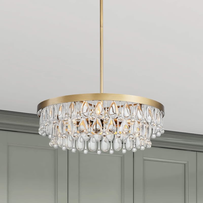Viviana Brushed Brass 4-light Crystal Teardrop Round Chandelier - 18 inches in diameter x 5.6 inches H