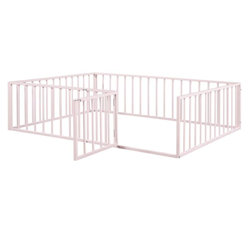 Queen Size Metal Floor Bed Frame with Fence and Door