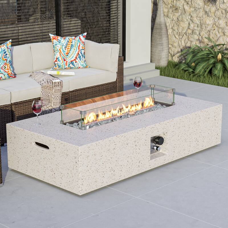 COSIEST Outdoor Rectangle Fire Pit Table w Fire Glass, Wind Guard - Clear/White