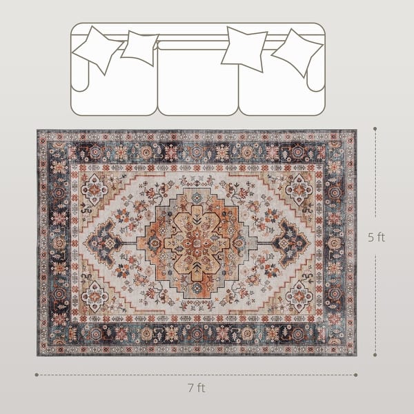 HOMCOM Washable Area Rug, 5'x7' Vintage Indoor Distressed Carpet, Retro Floor Cover Foldable, Floral Print Mat for Living Room