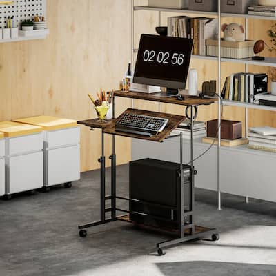 Adjustable Height Office Desk with Tiltable Panels Charging Station and Wheels Brown Standing Desk for Home Office