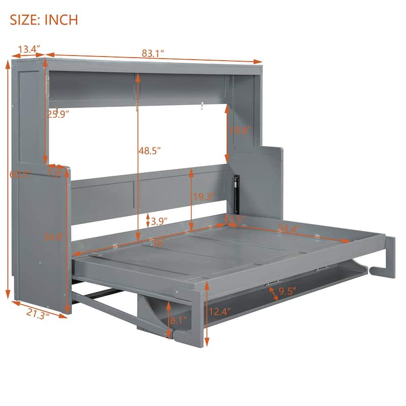 Full/Queen Murphy Wall Bed with Desk, Hydraulic Lift, 600 lb Capacity, 10 in Mattress, Space-Saving Home Office