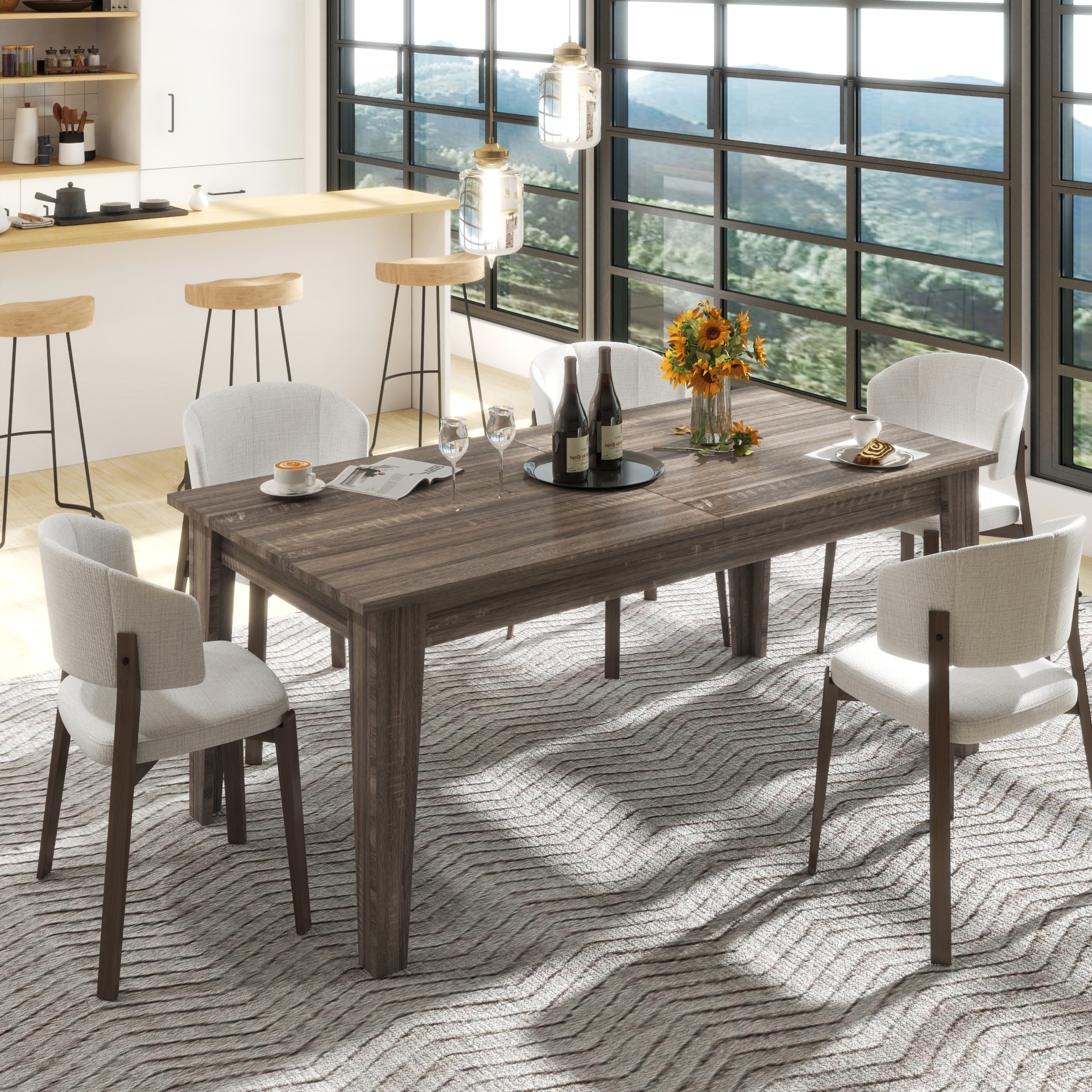 Modern Extendable Dining Table Office Table Computer Desk with Woodgrain Top & Clean Lines for 6 People