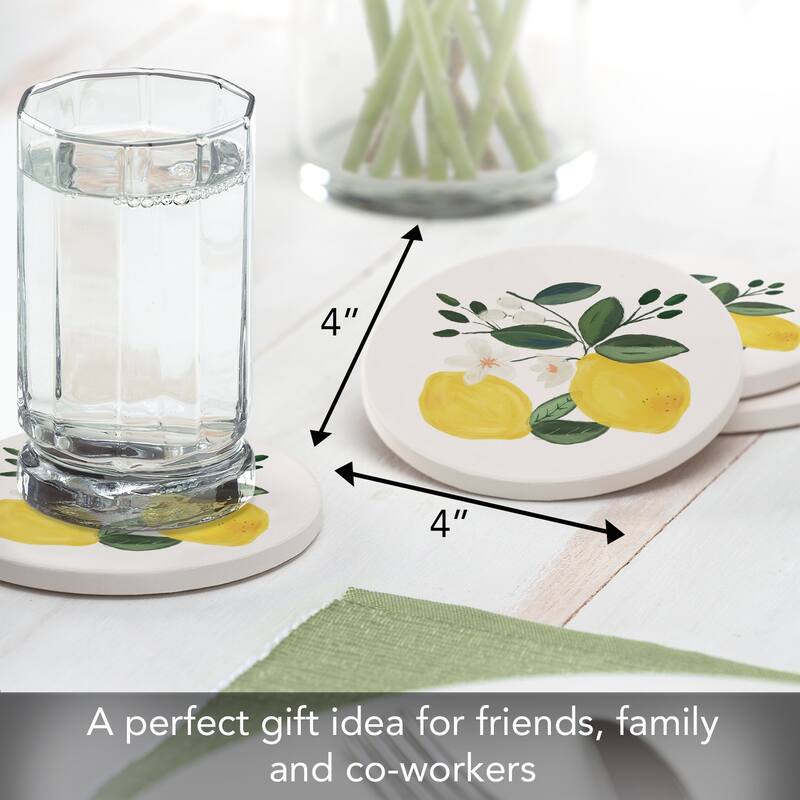 Lemon Blossom 4 Pack Absorbent Stone Coasters with Protective Cork Backing Made in The USA Absorbent Easily Wipes Clean