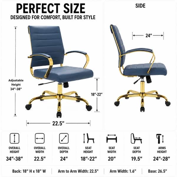 dimension image slide 2 of 6, Benmar Ribbed PU Leather Office Chair - Ergonomic Swivel Desk Chair - Chrome Gold Steel Base Executive Computer Seat