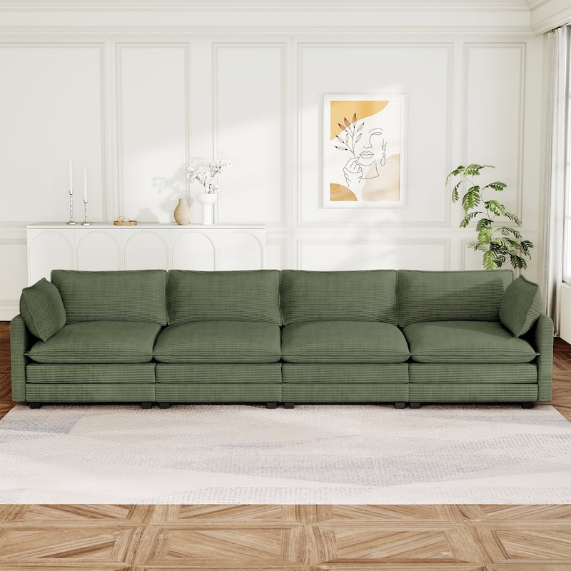 148" Overised 4 Seater Corduroy Clud Couch Modular Sectional Sofa for Living Room - Olive