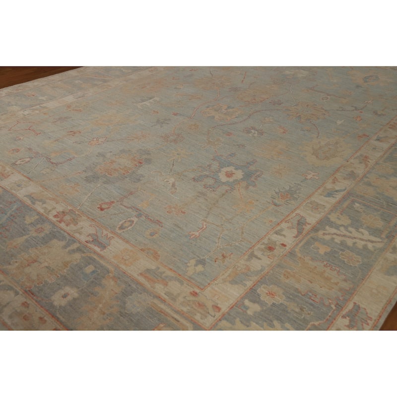 Vegetable Dye Blue Oushak Turkish Large Rug Handmade Wool Carpet - 10'2" x 14'1"