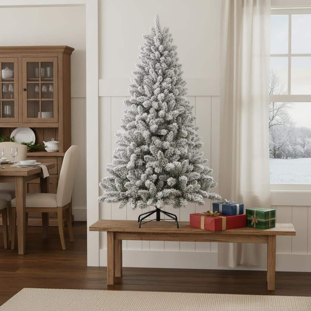 HomeRoots 4' White Full Flocked Fir Christmas Tree With Decorations - 32.00 in. x 48.00 in. x 32.00 in.