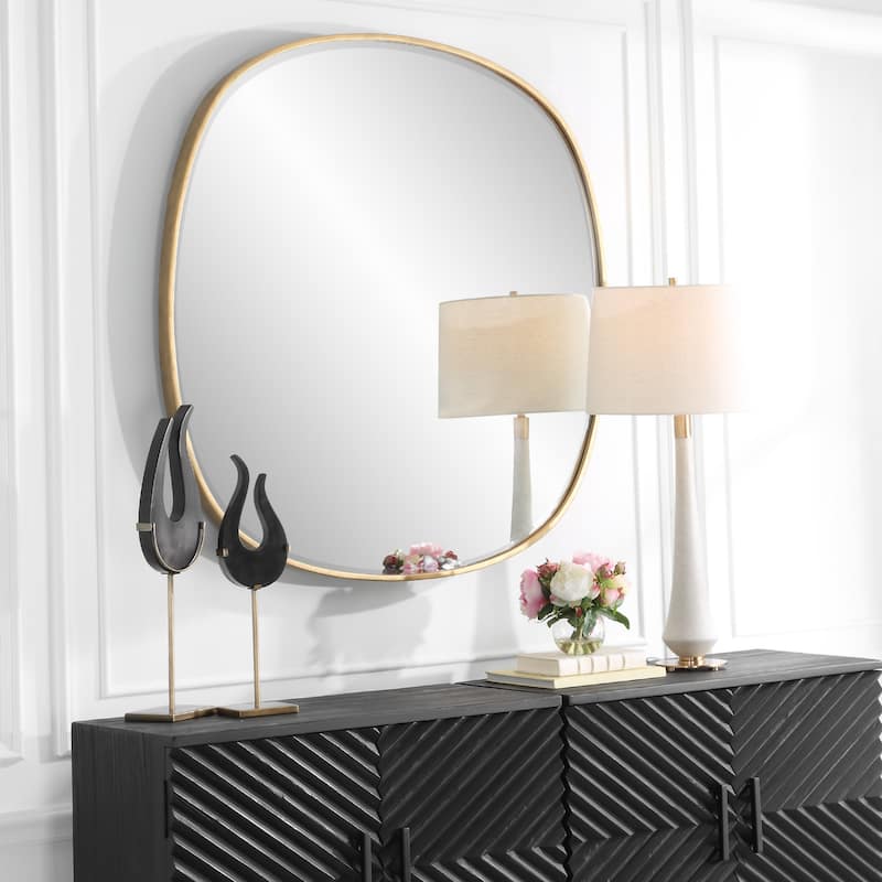Beveled Round Wall Mirror - 47" - Antique Gold