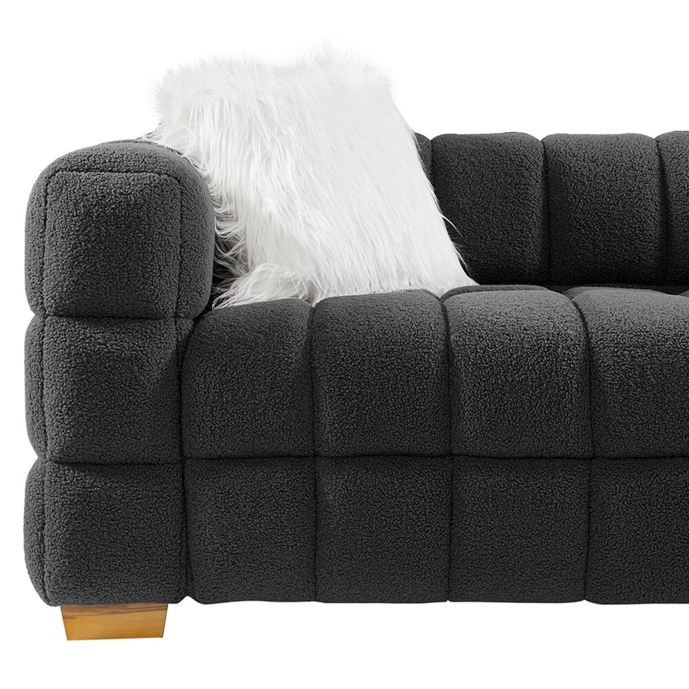 Wide Square Arm Teddy Velvet Rectangular Sofa with 2 Pillows Grey