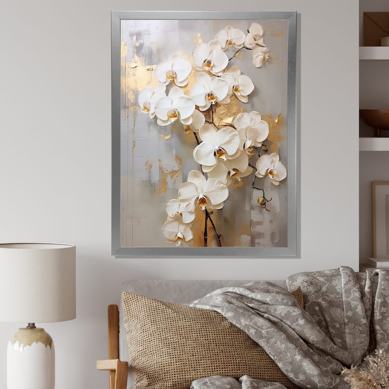 Designart "Minimalism Beige And Gold Orchids IV" Orchids Framed Canvas Art Print - 12 in. wide x 20 in. high - Silver
