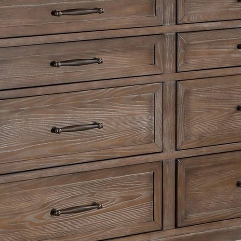 Merry Wide Dresser, 8 Drawers, Brown Solid Wood, Bronze Metal