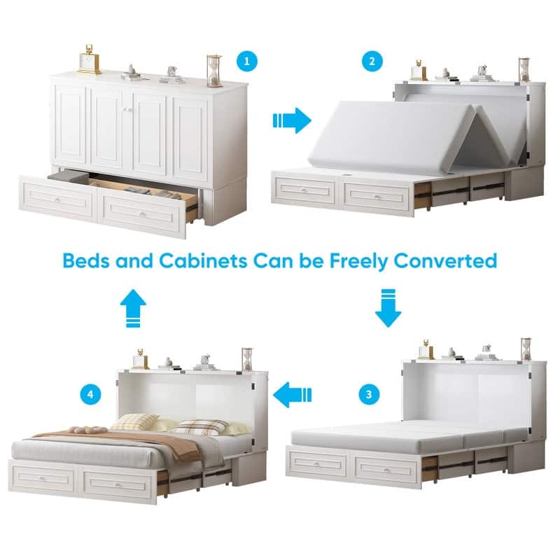 Mixoy Queen Modern Murphy Bed Chest with Mattress and Storage Drawer