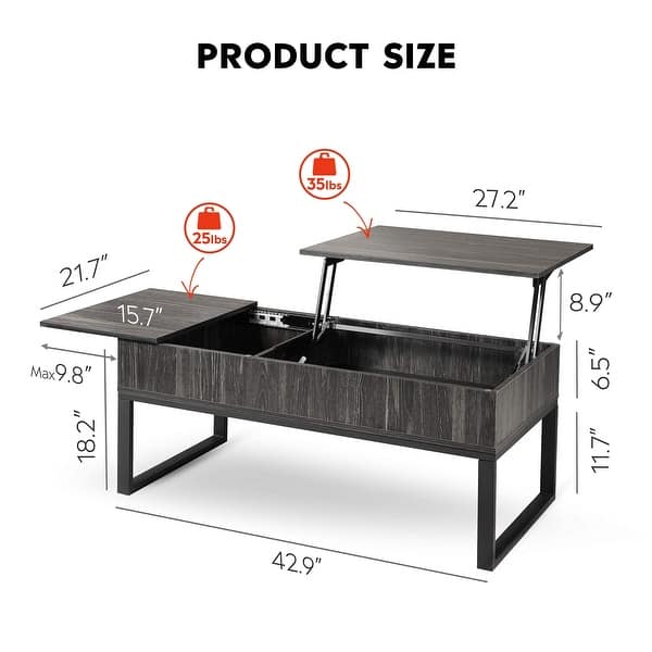 dimension image slide 0 of 2, Wood Lift Top Coffee Table with Hidden Storage Compartment, Side Drawer and Metal Frame, Lift Tabletop Dining Table for Home,