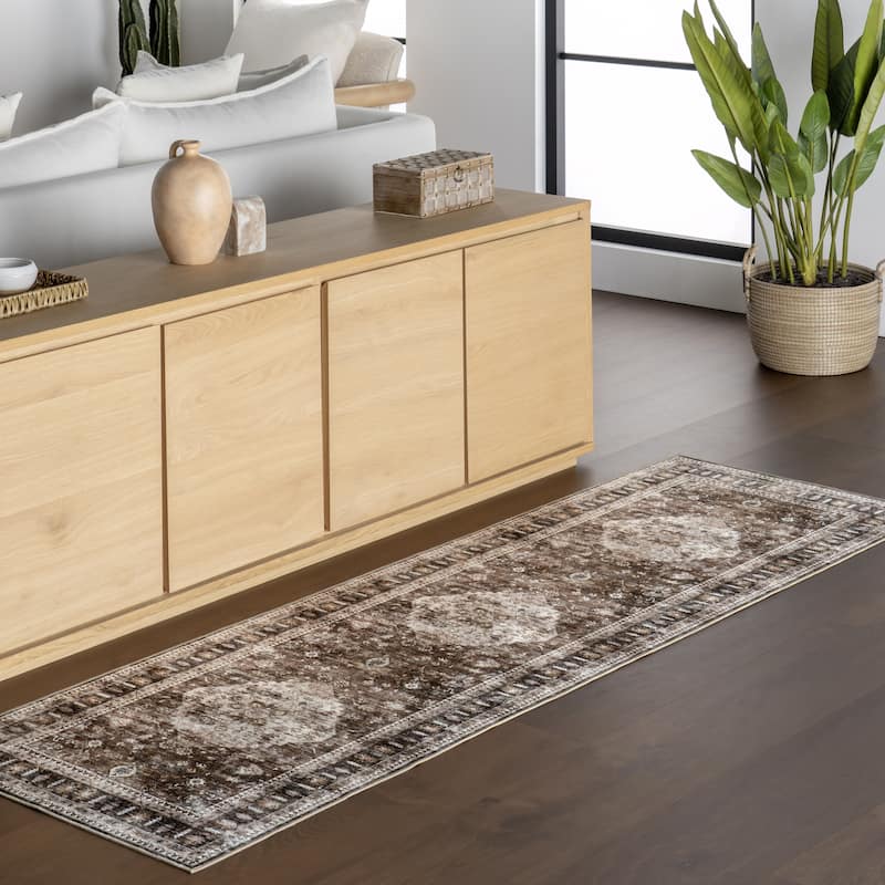 Nuloom Delisa Vintage Stain-Resistant Machine Washable Area Rug - 2'6" x 8' Runner - Dark Brown - Runner
