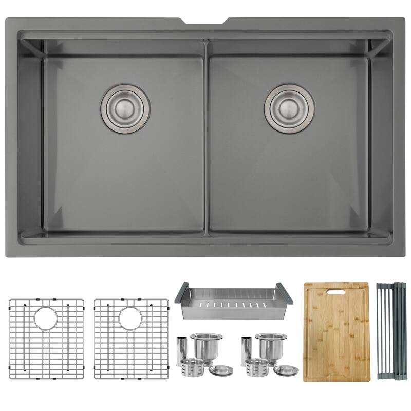 Undermount 32" Graphite Black Double-Bowl Kitchen Sink Handmade - 32" x 19" x 10"