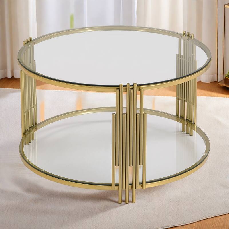 31.5" Tempered Glass Coffee Table with Asymmetrical Metal Design and Lower Shelf - Transparent