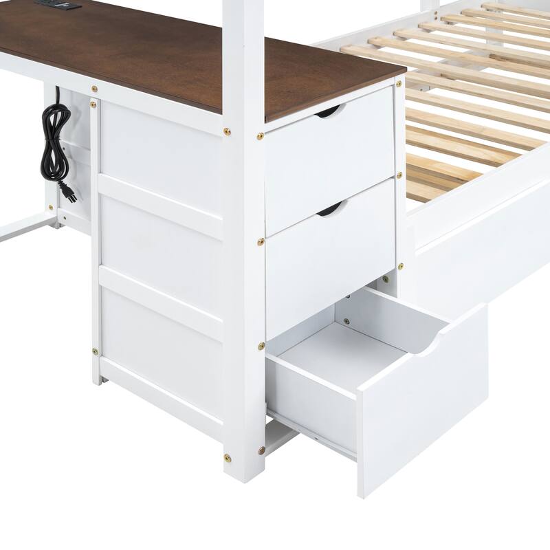 Space-Saving Twin-Over-Twin Bunk Bed with Trundle, Storage, and Desk in White and Walnut