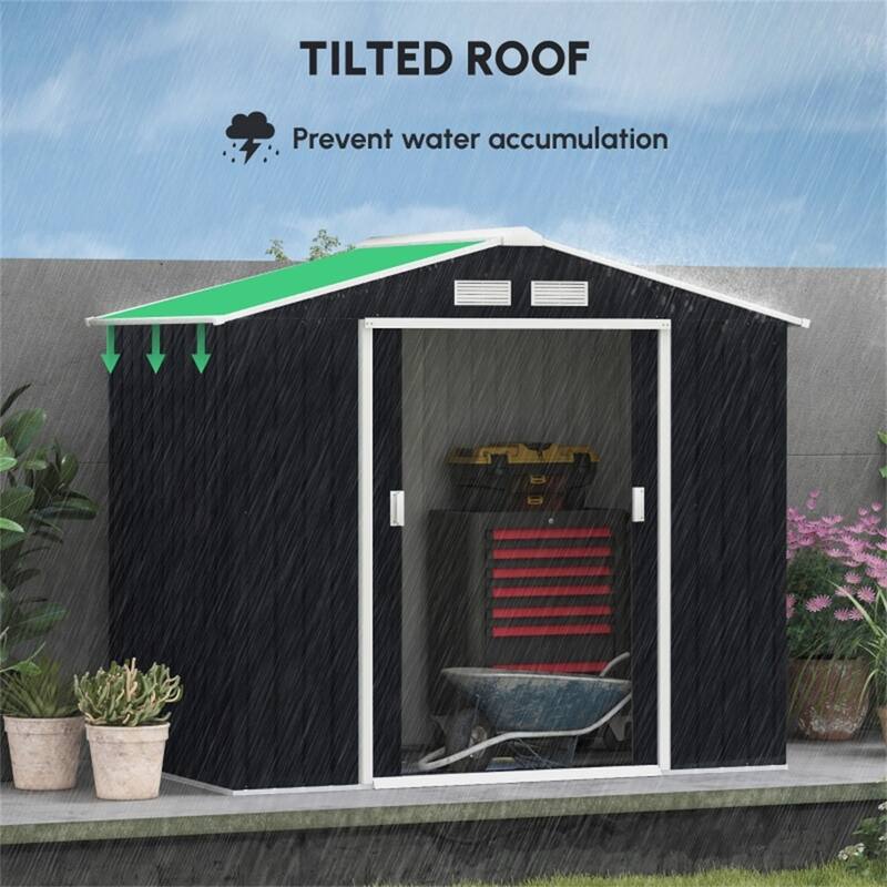 Dark Grey Galvanized Steel Outdoor Storage Shed with Sliding Doors and Vents - 83.75” W x 51.25” D x 72.75” H