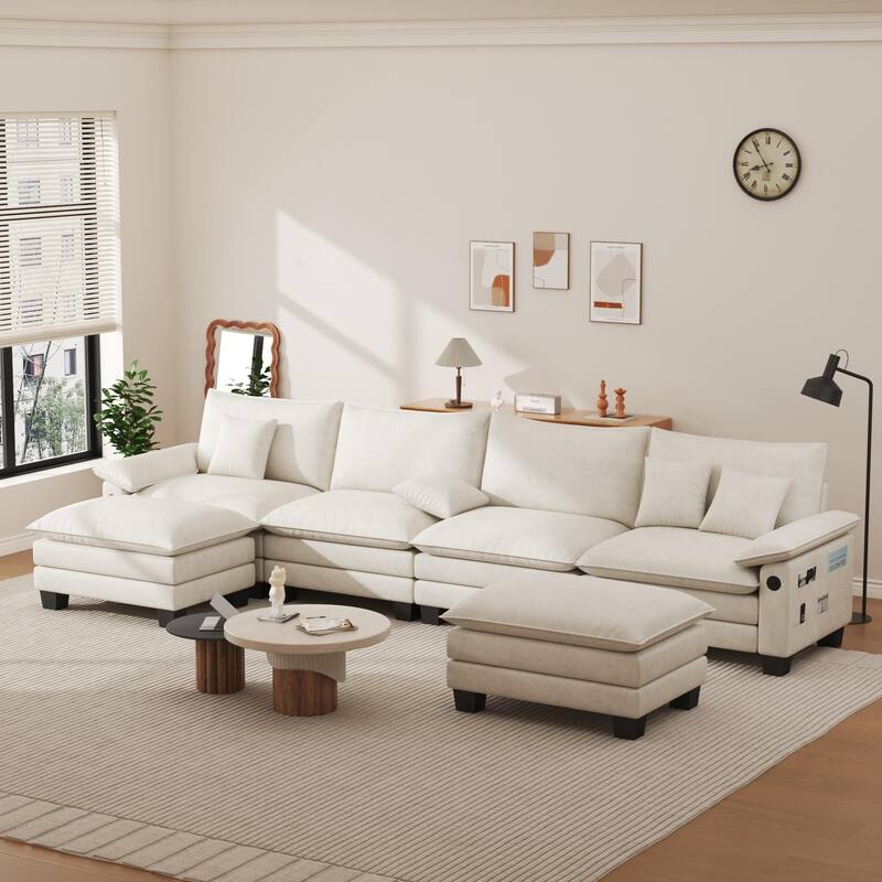 144" Modular Compression Sofa Set Convertible Sectional Sleeper Couch with 2 Ottomans