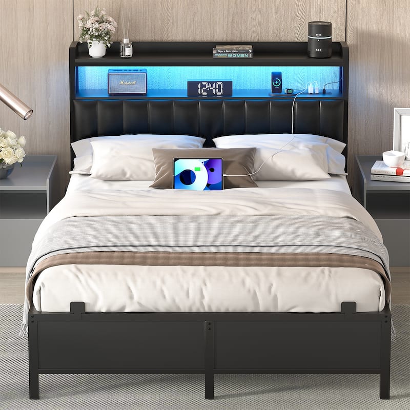 Platform Bed Frame with Upholstered Storage Headboard, Full/ Queen/ King Beds with Charge Station and LED Lights - Black - Full