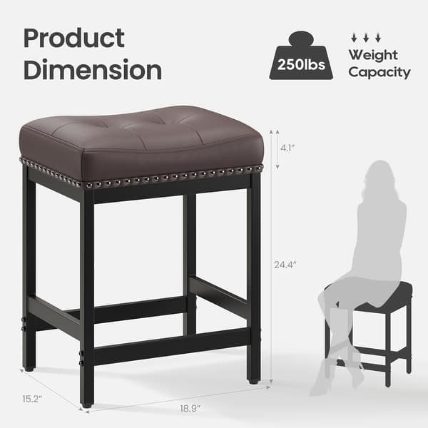 dimension image slide 1 of 2, RENEWLINE 24.4" Backless Bar Stools Set of 2 - PU Leather Counter Height - Kitchen Island & Bar