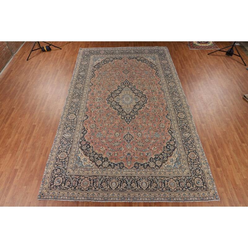 Pink Kashan Persian Large Vintage Area Rug Handmade Wool Carpet - 9'6" x 15'7"