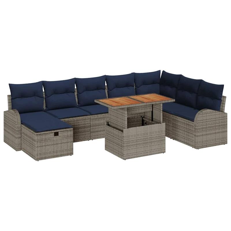 vidaXL 9 Garden Sofa Set with Cushions Black/Grey Poly Rattan - 113.8 x 70.5 x 27.2
