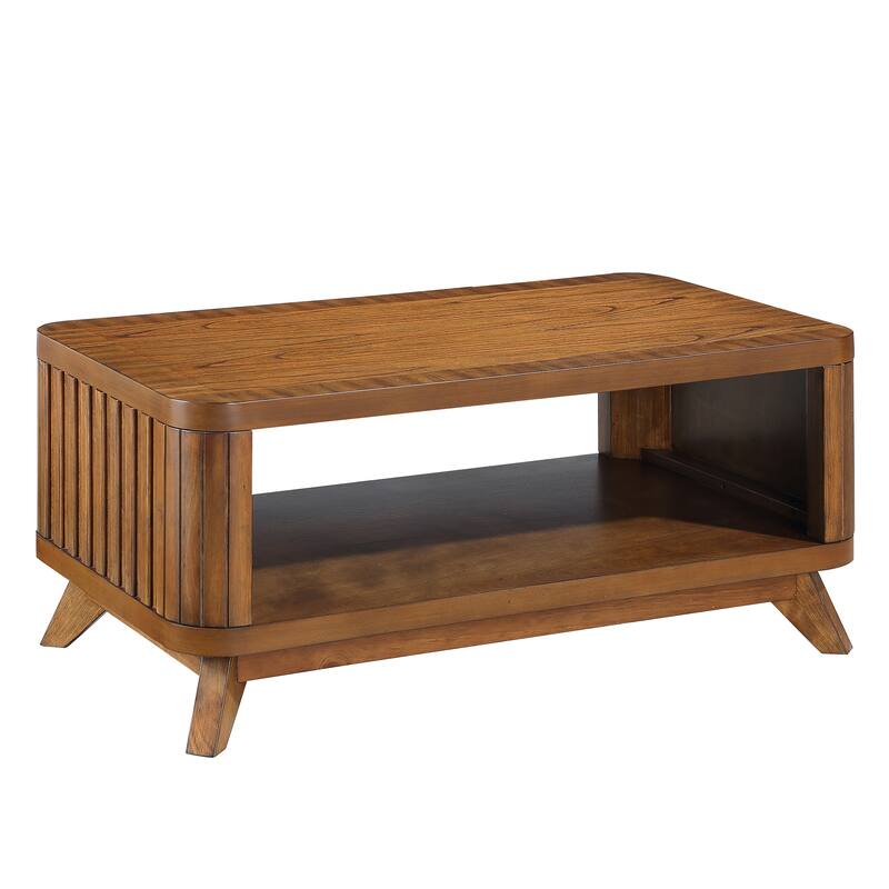 41.5" Rectangular Coffee Table, Solid Wood Fluted Coffee Table 2 Tier Storage Center Table Tea Table with Open Shelf - Walnut