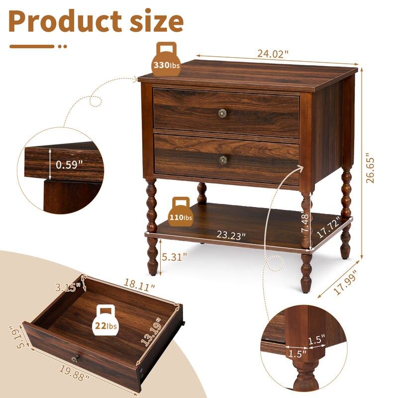 Brown Mid-Century Modern Hemmer 2 Drawers Lower Shelf P2 Particleboard 3D Paper Solid Wood Legs 24 Inches 1 Piece